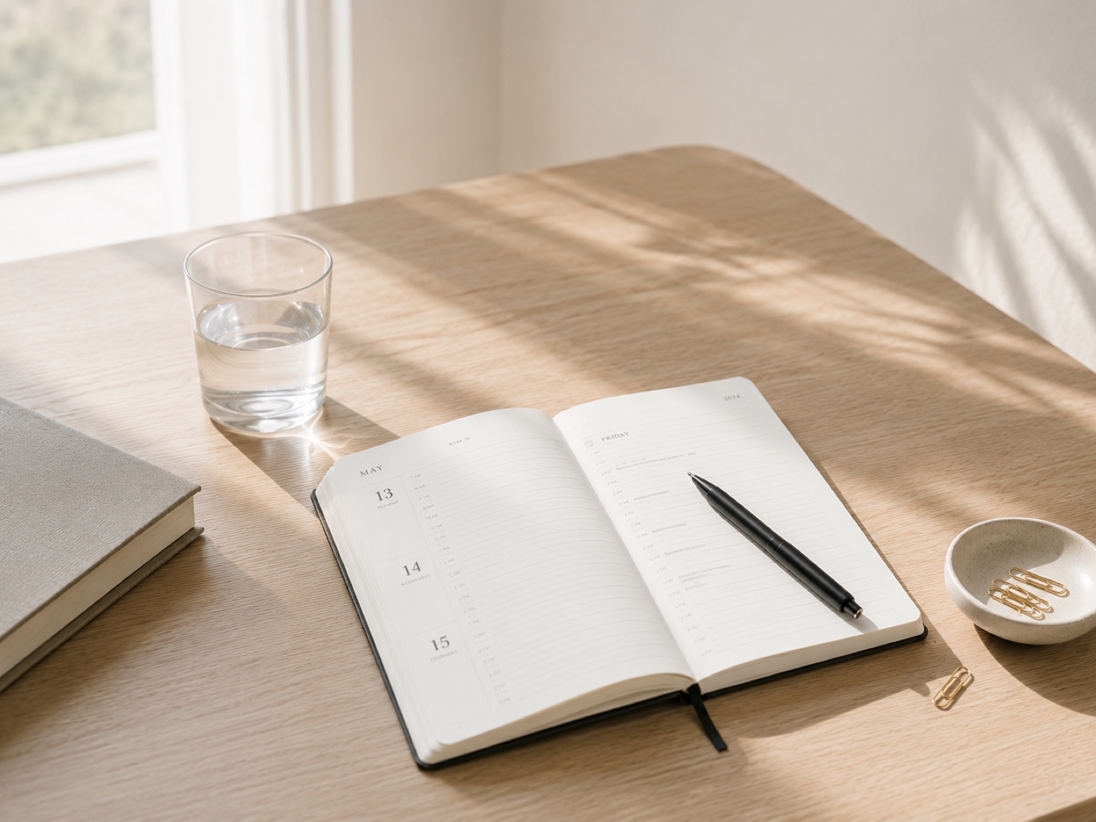 An open weekly planner with a pen, morning light across the desk
