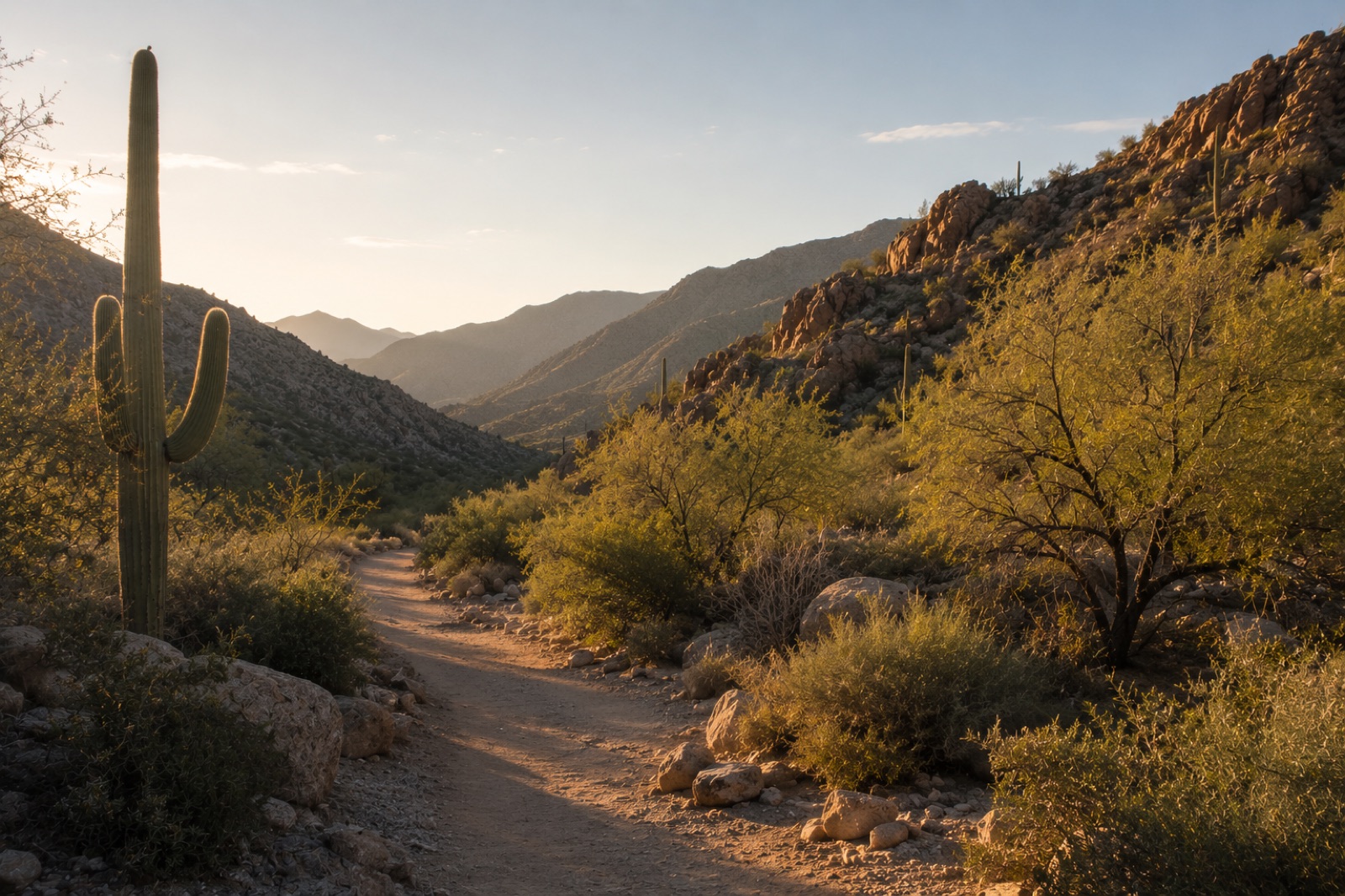 A desert trail among saguaro at sunset in Arizona