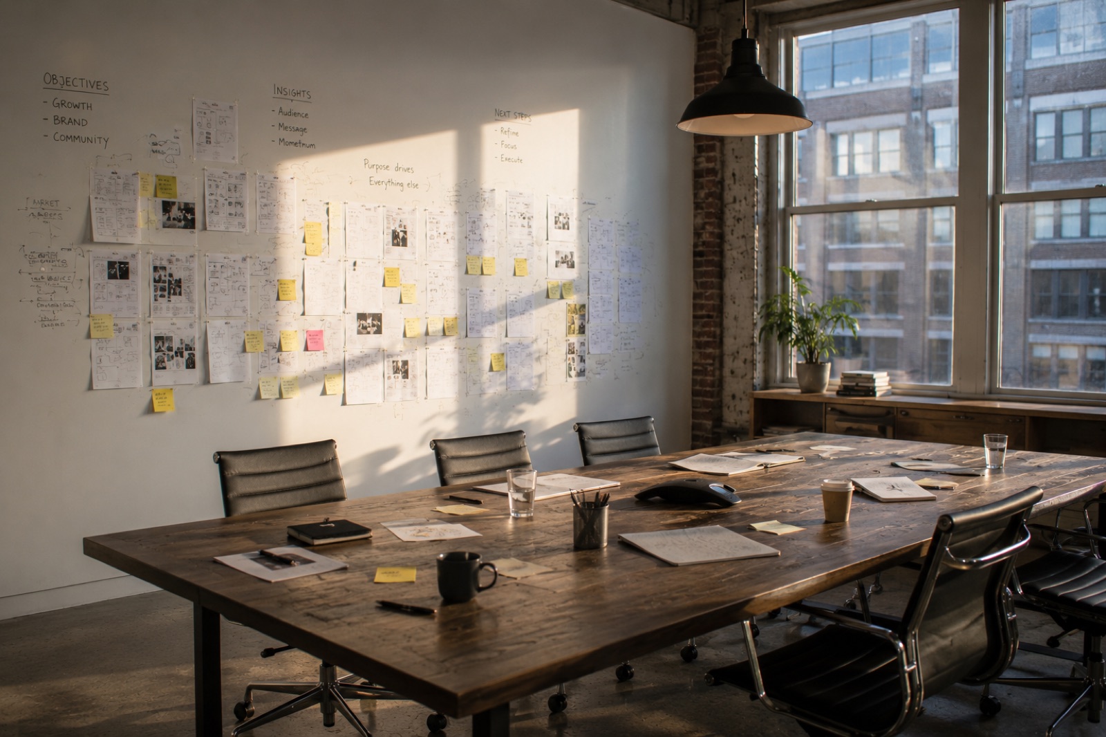 A working session room: objectives, insights, and next steps pinned across the wall