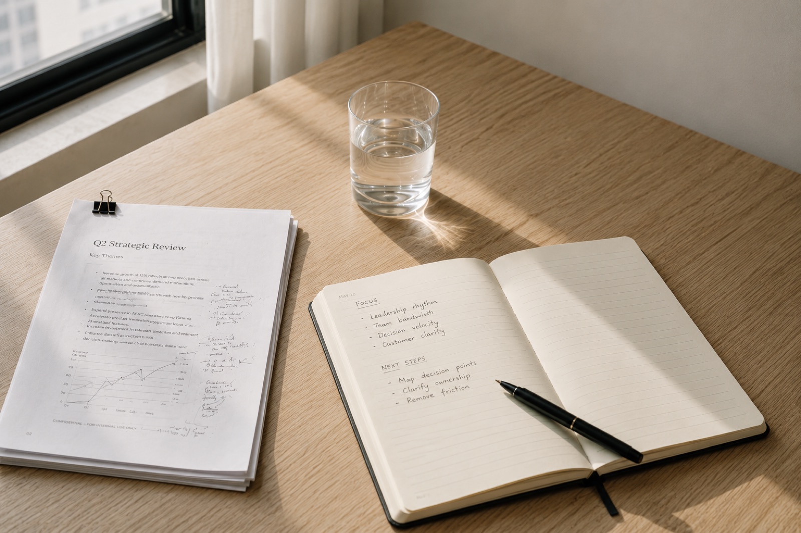 A strategic review in progress: annotated pages and an open notebook in afternoon light